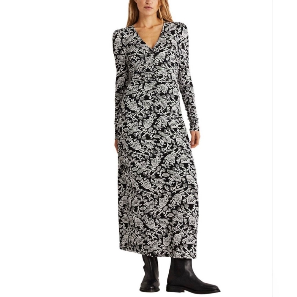 Boden RUCHED JERSEY MIDI DRESS Sz 8 BLACK WHITE V Neck FLORAL Long Sleeve EUC